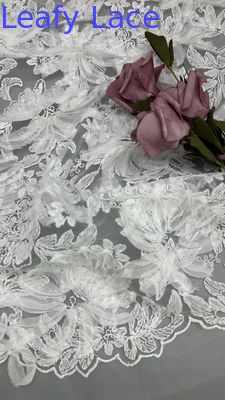 White Floral Lace Fabric For Gowns Mesh Ground  Intricate Embroidery With Subtle Character