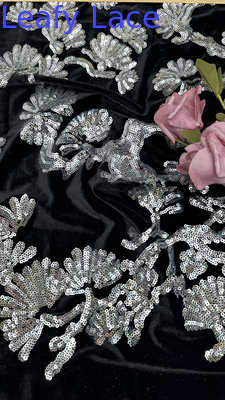 Leafy Black Flocked Tulle Lace Sequins  Sliver Detailed Fabric For Statement Formal Dresses