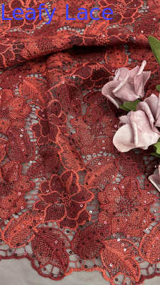 Leafy Red Color Embroidered Sequin Mesh Fabric Featherlight Luxury Fabric For Ethereal Carpet Dresses