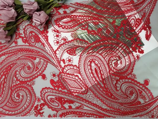 Red Tulle Mesh Bridal Dress Embroidery Paisley Lace Fabric