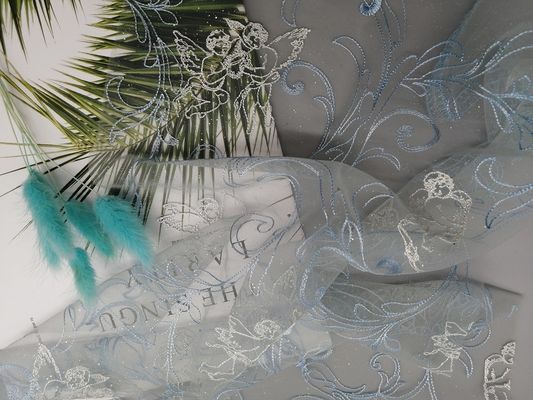 49" Bule Tulle Foil Coated Embroidered Mesh Lace Fabric