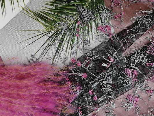 Pink African Floral Tulle Mesh Colored Embroidery Fabric