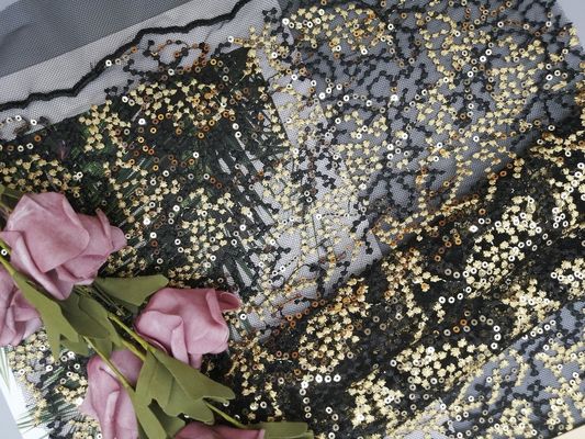 125CM Party Black Embroidered Sequin Mesh Fabric