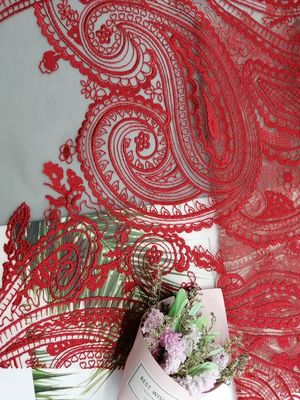 Red Tulle Mesh Bridal Dress Embroidery Paisley Lace Fabric