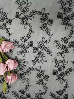 Black Flower Corded Embroidery All Over Lace Fabric Silver Tulle Mesh