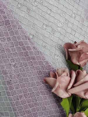Purple Color Embroidered Lace Fabric Diamond Type Lattice Pattern Mesh