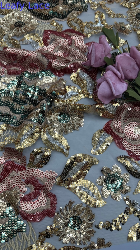 Leafy Sequin Embroidery Fabric Durable And Elegant Colorful Sequin Embroidery Lace
