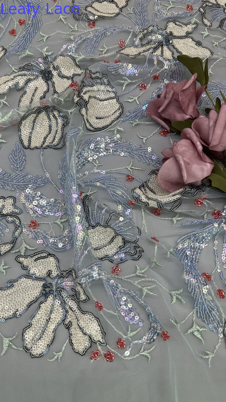 Mesh Ground Leafy Sequins Lace Fabric for Elegant Breathe Dinner Gowns Shining Fabric