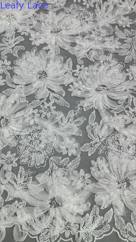 White Floral Lace Fabric For Gowns Mesh Ground  Intricate Embroidery With Subtle Character