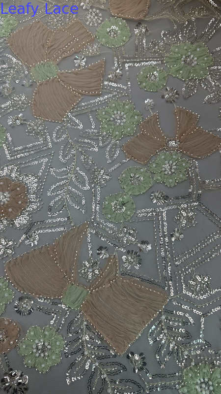 Leafy Sequin Embroidered Lace Fabric Polyester Floral Mesh Lace for Evening Dresses