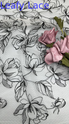 Λευκό και Μαύρο Floral Κεντημένο Δαντελένιο Ύφασμα για Γυναικεία Πολυτελή Τούλι Διχτυωτό Ύφασμα