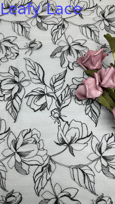 Λευκό και Μαύρο Floral Κεντημένο Δαντελένιο Ύφασμα για Γυναικεία Πολυτελή Τούλι Διχτυωτό Ύφασμα