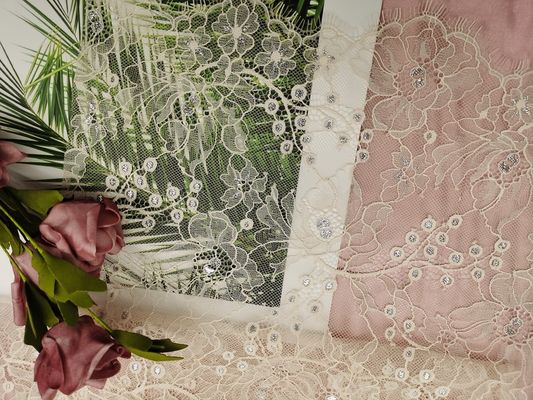 Γαλλικό ύφασμα δαντελλών Chantilly πορτοκαλί Tulle Lurex μεταλλικό ασημένιο